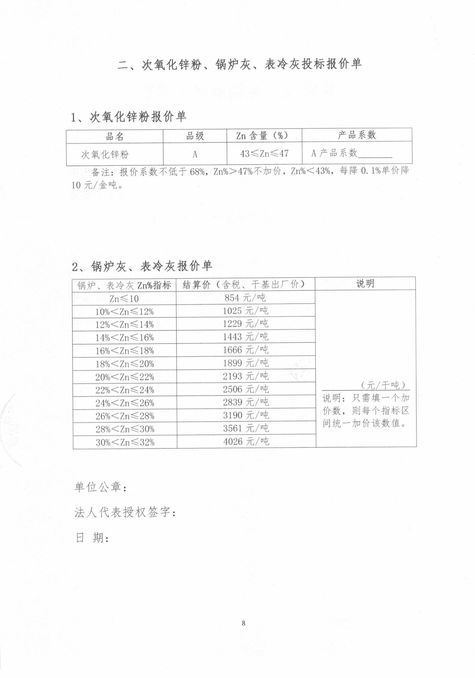 2026年次氧化鋅粉、鍋爐灰、表冷灰招標(biāo)函告08